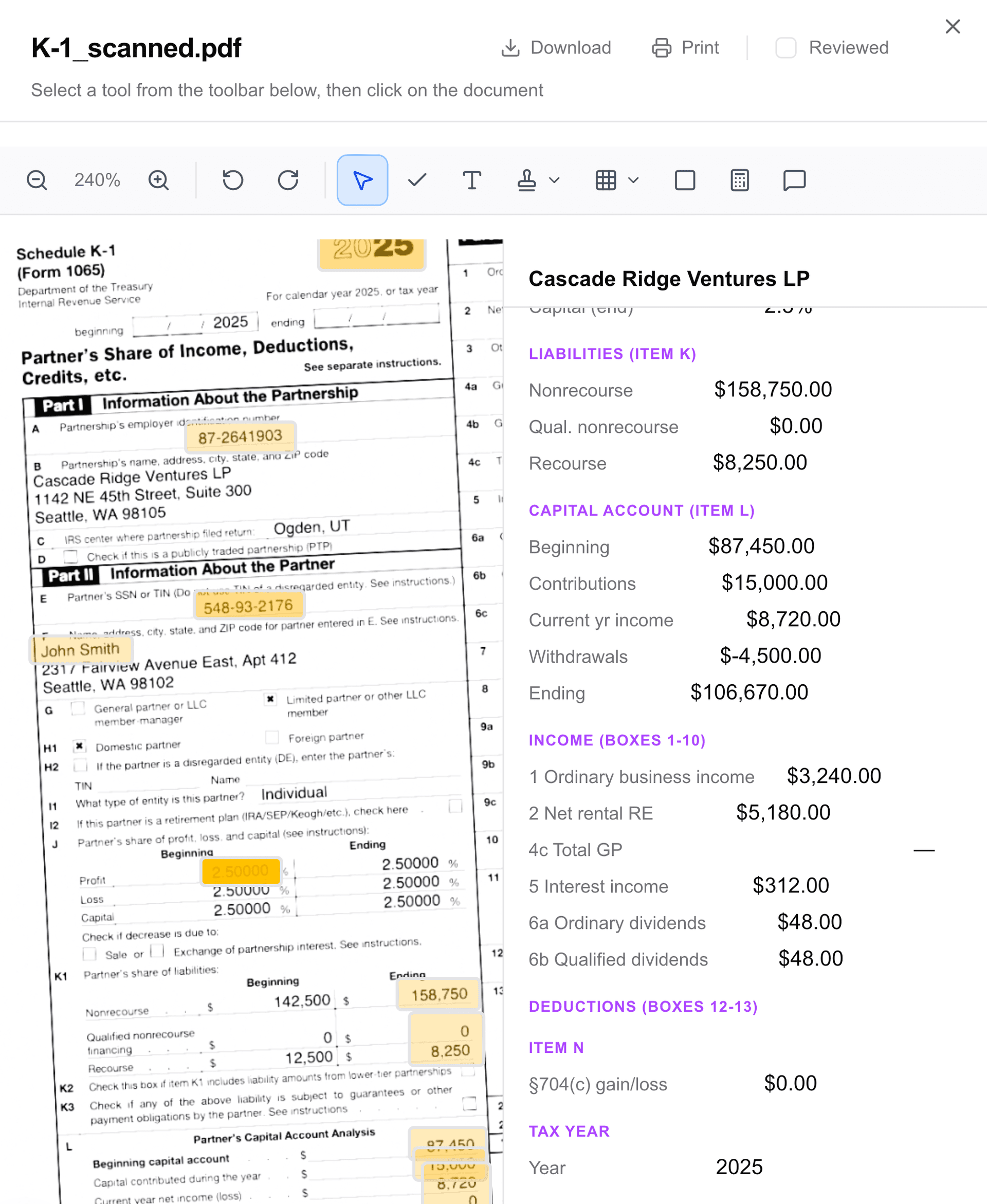 Breeze Tax mobile view showing extracted Schedule K-1 data with capital account details and income breakdown