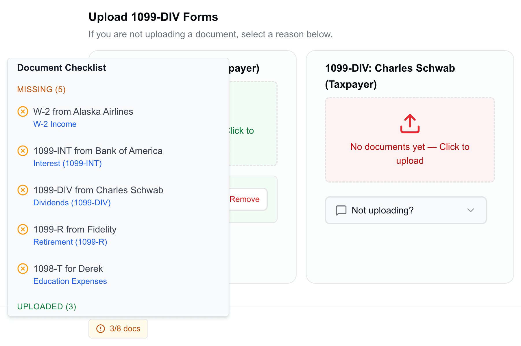 Checklist view showing uploaded and missing client tax documents with an upload area for 1099-DIV forms